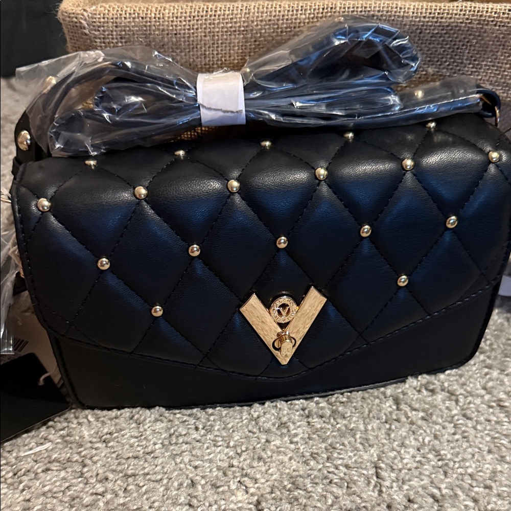 Valentino Orlandi Black Quilted Crossbody Bag with Gold Accents